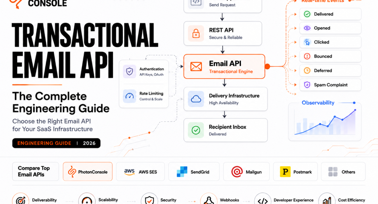 Transactional Email API architecture showing API requests, webhook events, email delivery pipeline, and provider evaluation for modern SaaS infrastructure.