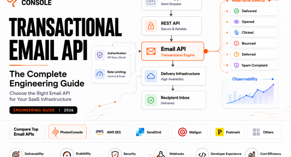 Transactional Email API architecture showing API requests, webhook events, email delivery pipeline, and provider evaluation for modern SaaS infrastructure.