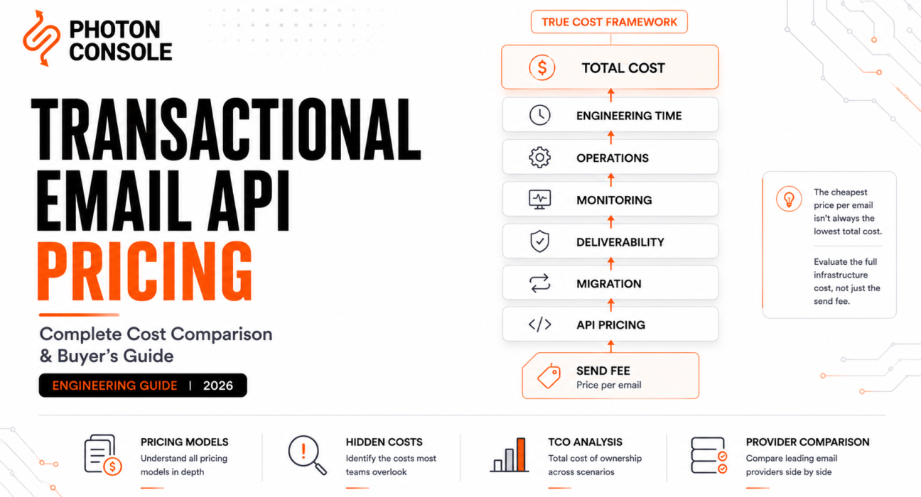 Editorial illustration comparing transactional email API pricing models, hidden infrastructure costs, and total cost of ownership across leading email providers.