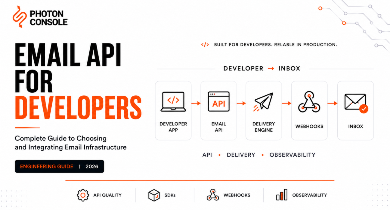 Engineering illustration showing an Email API integration flow from developer application through authentication, API delivery, webhooks, monitoring, and email infrastructure.