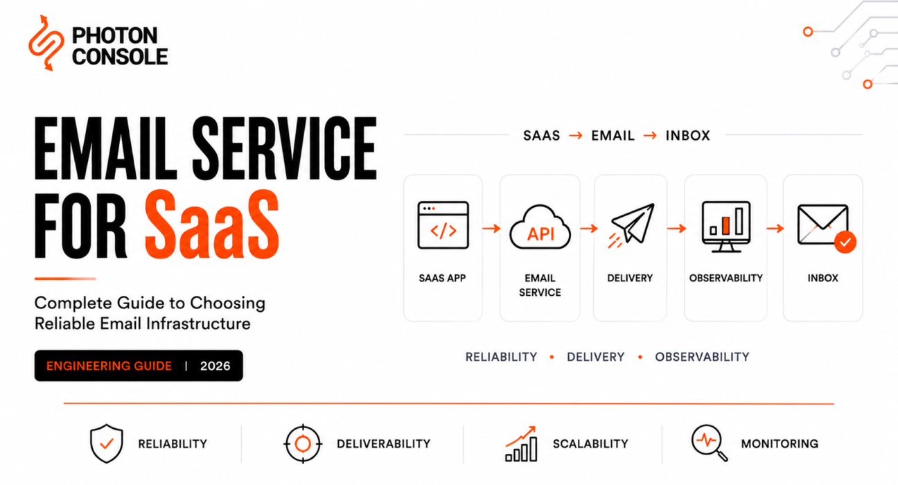 Email service for SaaS architecture showing application integration, email API, delivery infrastructure, monitoring, webhooks, and reliable transactional email delivery.