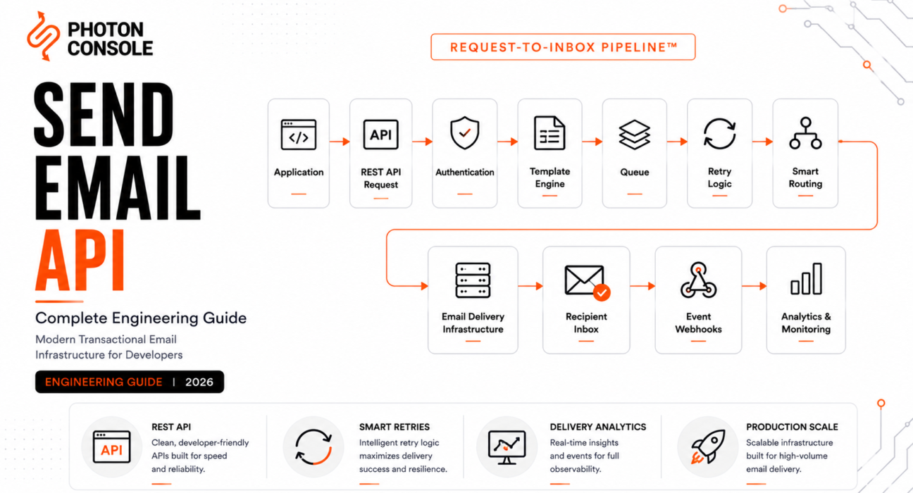 Editorial engineering illustration showing a Send Email API workflow from application request through authentication, queueing, delivery infrastructure, and inbox with monitoring and webhooks.