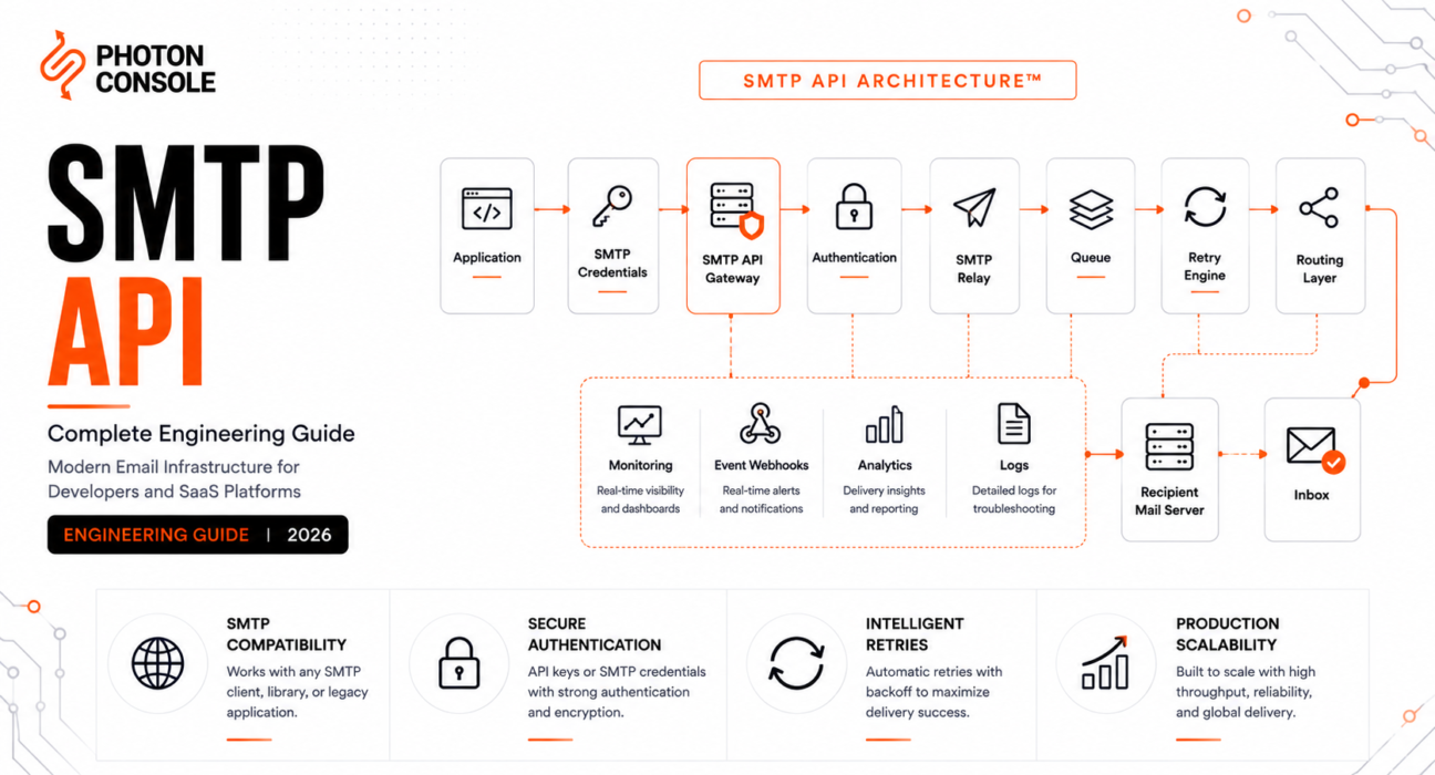 Editorial engineering illustration explaining SMTP API architecture with authentication, SMTP relay, API integration, queueing, routing, retries, and email delivery infrastructure.