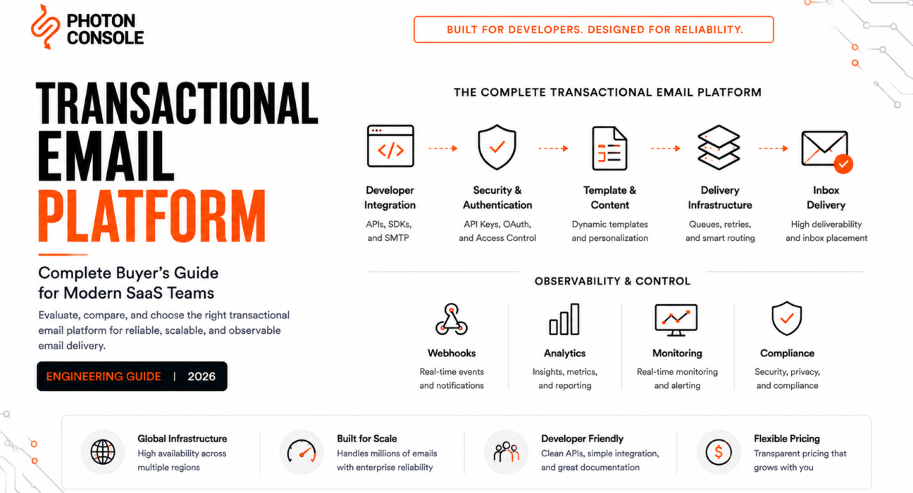 Transactional email platform architecture showing developer integration, authentication, templates, delivery infrastructure, inbox delivery, webhooks, analytics, monitoring, and compliance.