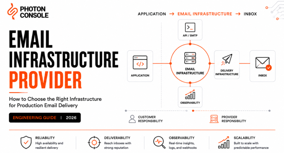 Editorial engineering illustration explaining SMTP API architecture with authentication, SMTP relay, API integration, queueing, routing, retries, and email delivery infrastructure.