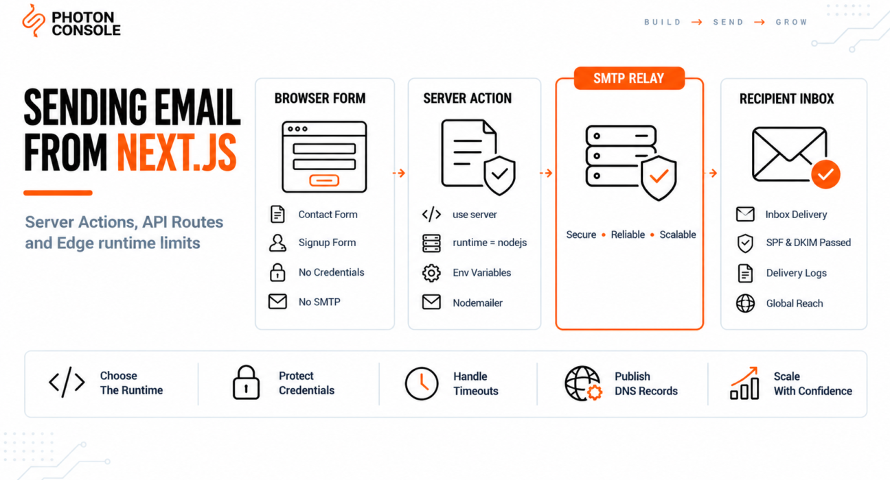 Next.js application sending email from a server action through an SMTP relay to the recipient inbox