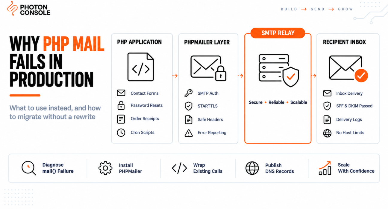 PHP application sending email through PHPMailer and an SMTP relay instead of the built-in mail function