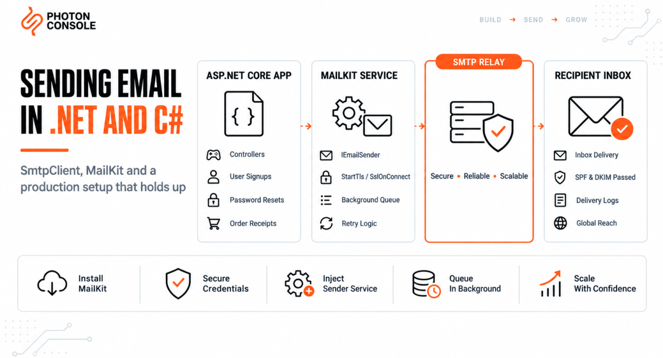ASP.NET Core application sending email through MailKit and an SMTP relay to the recipient inbox