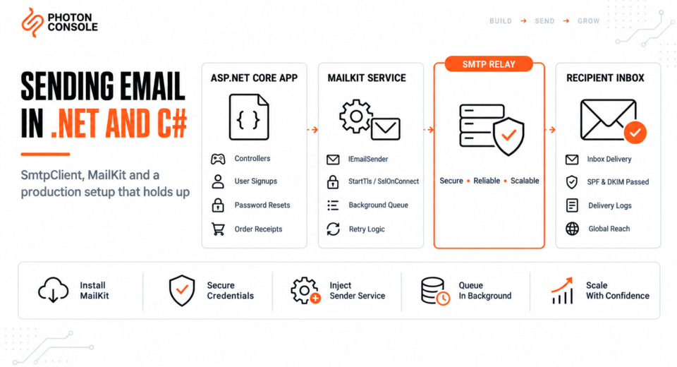 ASP.NET Core application sending email through MailKit and an SMTP relay to the recipient inbox