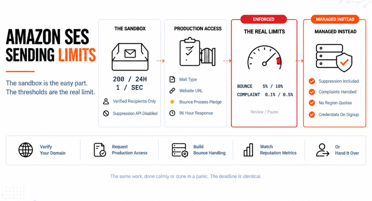 Amazon SES sandbox limits, production access requirements and the enforced bounce and complaint rate thresholds shown side by side