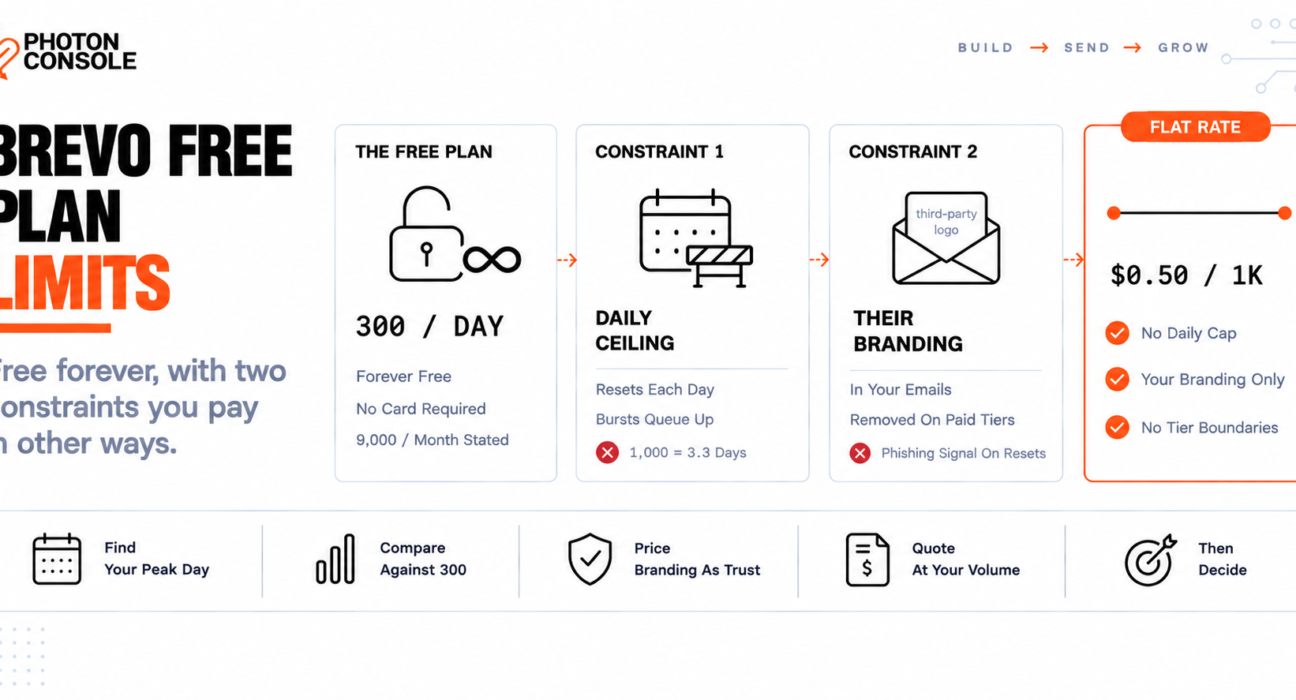 Brevo's free plan daily cap and third-party branding constraints compared against a flat per-thousand sending rate