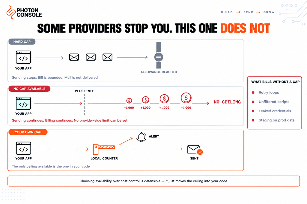 Comparison of providers that stop sending at a limit against Postmark which continues sending and billing with no option to set a sending limit
