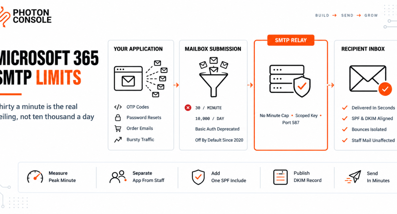 Application email throttled by the Microsoft 365 thirty messages per minute submission limit, delivering instead through a dedicated SMTP relay on port 587