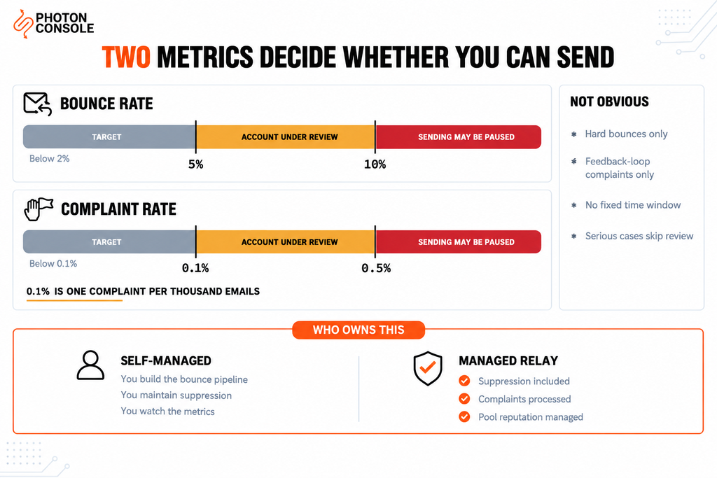 Amazon SES bounce and complaint rate thresholds showing the target, under review and sending paused bands for each metric