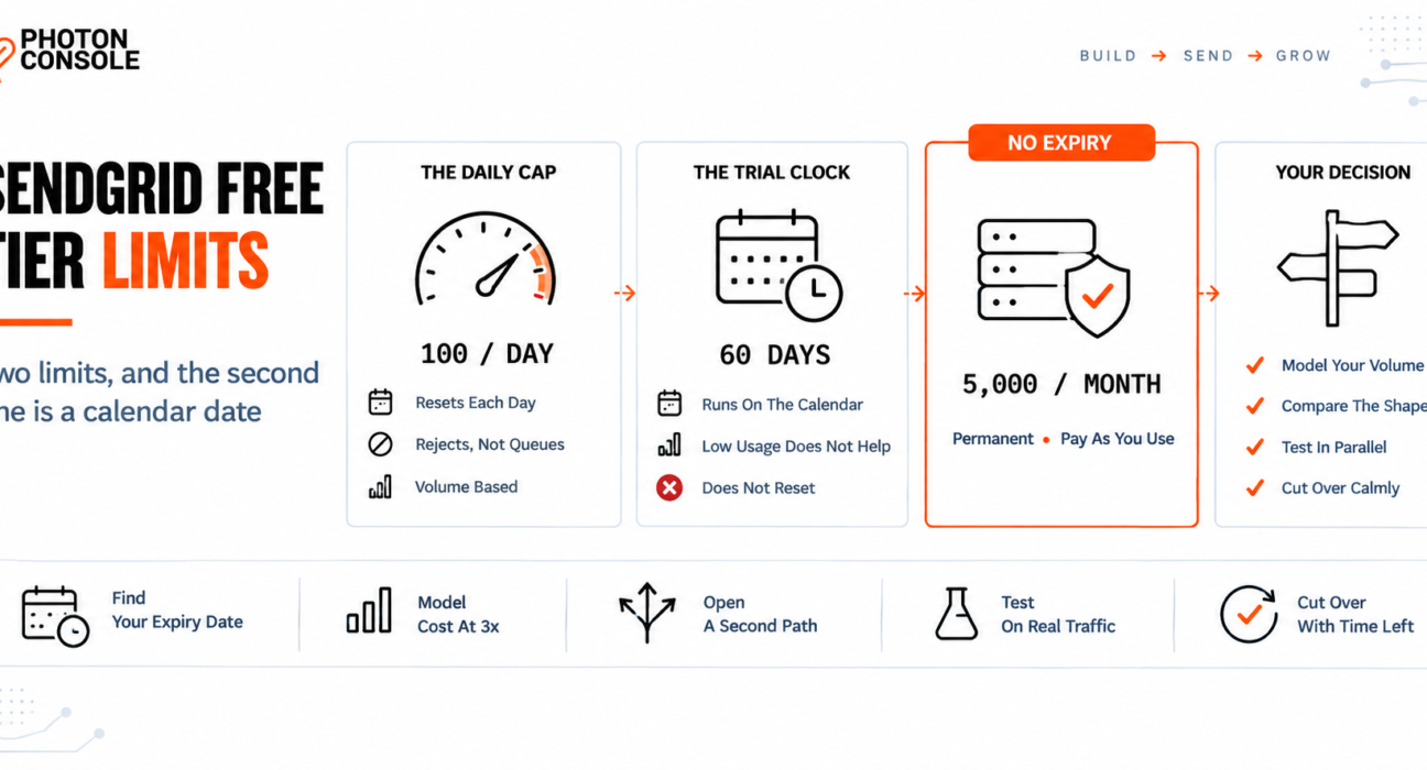 SendGrid free tier shown as two limits, a daily cap of 100 emails and a 60 day trial expiry, beside a permanent monthly free allowance