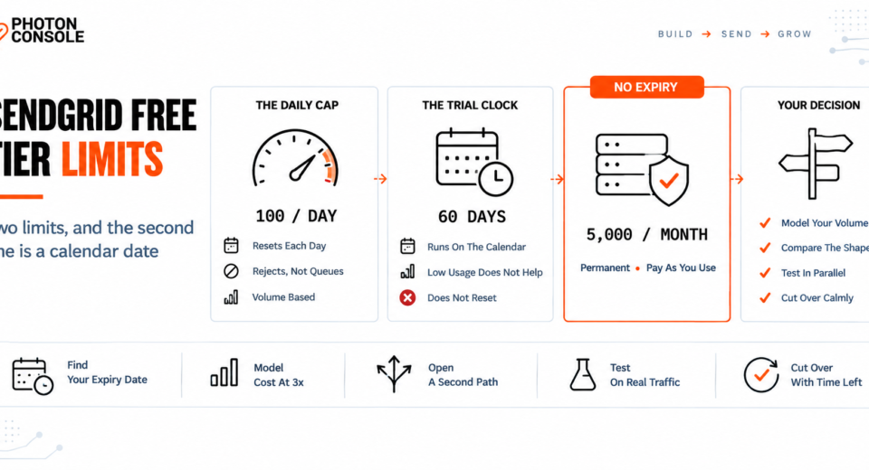 SendGrid free tier shown as two limits, a daily cap of 100 emails and a 60 day trial expiry, beside a permanent monthly free allowance