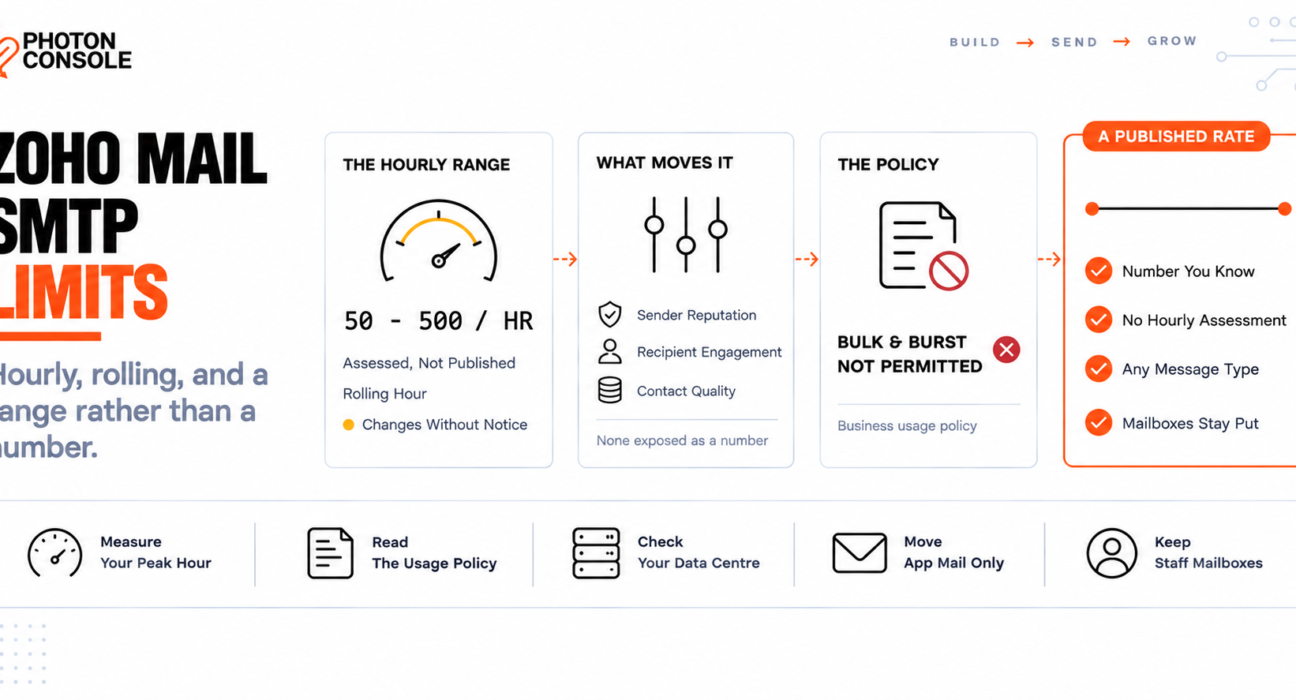 Zoho Mail's dynamic hourly sending range and bulk sending policy compared against a published flat sending rate